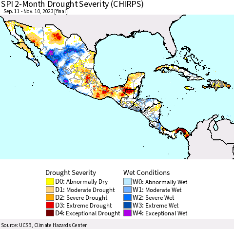 Mexico Central America and the Caribbean SPI 2-Month Drought Severity (CHIRPS) Thematic Map For 9/11/2023 - 11/10/2023