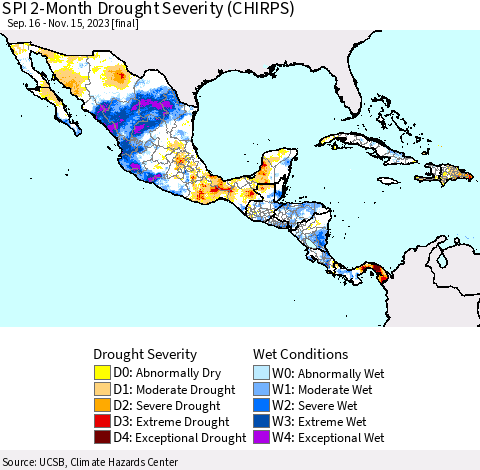Mexico Central America and the Caribbean SPI 2-Month Drought Severity (CHIRPS) Thematic Map For 9/16/2023 - 11/15/2023