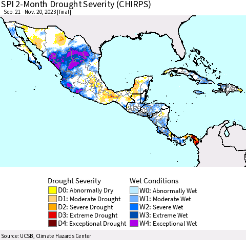Mexico Central America and the Caribbean SPI 2-Month Drought Severity (CHIRPS) Thematic Map For 9/21/2023 - 11/20/2023