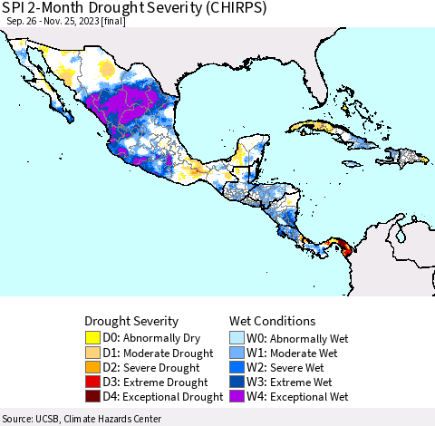 Mexico Central America and the Caribbean SPI 2-Month Drought Severity (CHIRPS) Thematic Map For 9/26/2023 - 11/25/2023