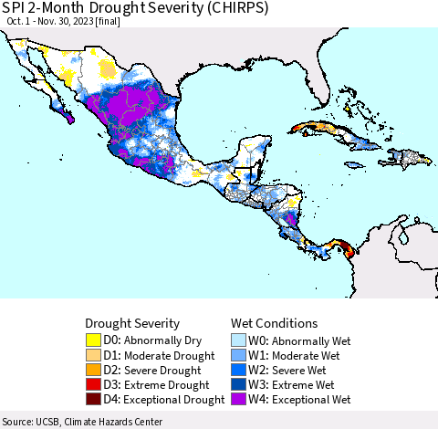 Mexico Central America and the Caribbean SPI 2-Month Drought Severity (CHIRPS) Thematic Map For 10/1/2023 - 11/30/2023