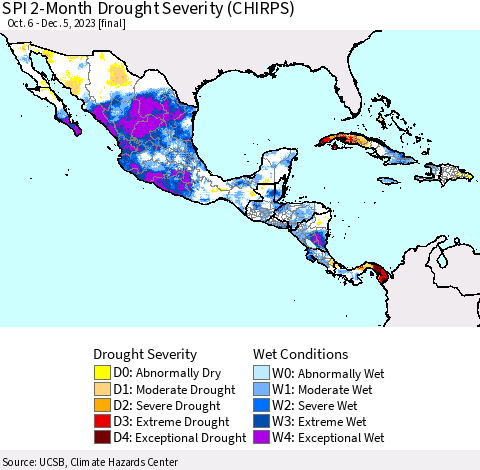 Mexico Central America and the Caribbean SPI 2-Month Drought Severity (CHIRPS) Thematic Map For 10/6/2023 - 12/5/2023