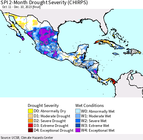 Mexico Central America and the Caribbean SPI 2-Month Drought Severity (CHIRPS) Thematic Map For 10/11/2023 - 12/10/2023