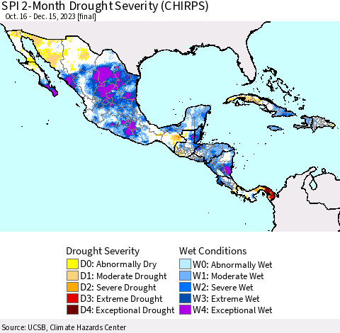 Mexico Central America and the Caribbean SPI 2-Month Drought Severity (CHIRPS) Thematic Map For 10/16/2023 - 12/15/2023