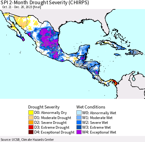 Mexico Central America and the Caribbean SPI 2-Month Drought Severity (CHIRPS) Thematic Map For 10/21/2023 - 12/20/2023