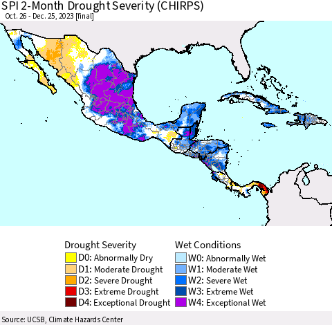 Mexico Central America and the Caribbean SPI 2-Month Drought Severity (CHIRPS) Thematic Map For 10/26/2023 - 12/25/2023