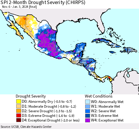 Mexico Central America and the Caribbean SPI 2-Month Drought Severity (CHIRPS) Thematic Map For 11/6/2023 - 1/5/2024