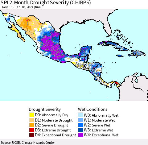 Mexico Central America and the Caribbean SPI 2-Month Drought Severity (CHIRPS) Thematic Map For 11/11/2023 - 1/10/2024