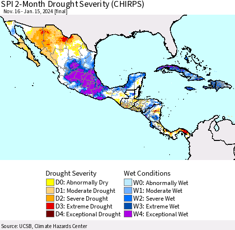 Mexico Central America and the Caribbean SPI 2-Month Drought Severity (CHIRPS) Thematic Map For 11/16/2023 - 1/15/2024