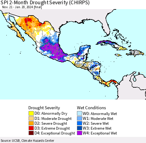 Mexico Central America and the Caribbean SPI 2-Month Drought Severity (CHIRPS) Thematic Map For 11/21/2023 - 1/20/2024