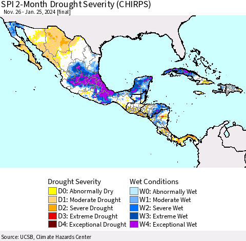 Mexico Central America and the Caribbean SPI 2-Month Drought Severity (CHIRPS) Thematic Map For 11/26/2023 - 1/25/2024