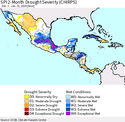 Mexico Central America and the Caribbean SPI 2-Month Drought Severity (CHIRPS) Thematic Map For 12/1/2023 - 1/31/2024