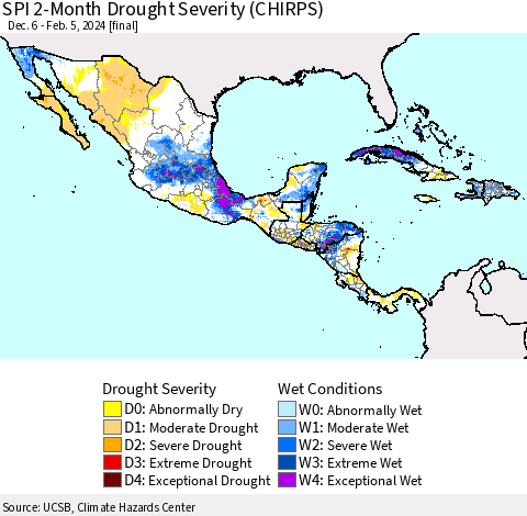 Mexico Central America and the Caribbean SPI 2-Month Drought Severity (CHIRPS) Thematic Map For 12/6/2023 - 2/5/2024