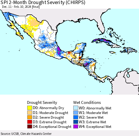 Mexico Central America and the Caribbean SPI 2-Month Drought Severity (CHIRPS) Thematic Map For 12/11/2023 - 2/10/2024