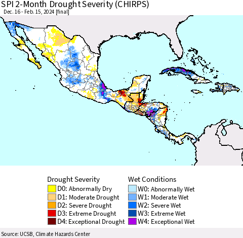Mexico Central America and the Caribbean SPI 2-Month Drought Severity (CHIRPS) Thematic Map For 12/16/2023 - 2/15/2024