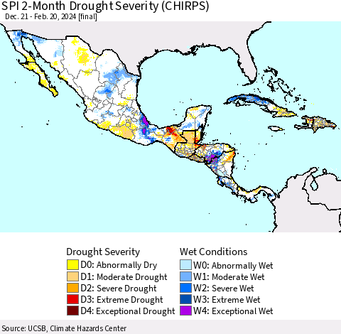 Mexico Central America and the Caribbean SPI 2-Month Drought Severity (CHIRPS) Thematic Map For 12/21/2023 - 2/20/2024