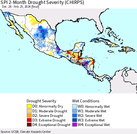 Mexico Central America and the Caribbean SPI 2-Month Drought Severity (CHIRPS) Thematic Map For 12/26/2023 - 2/25/2024