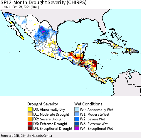 Mexico Central America and the Caribbean SPI 2-Month Drought Severity (CHIRPS) Thematic Map For 1/1/2024 - 2/29/2024