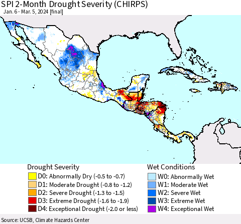 Mexico Central America and the Caribbean SPI 2-Month Drought Severity (CHIRPS) Thematic Map For 1/6/2024 - 3/5/2024