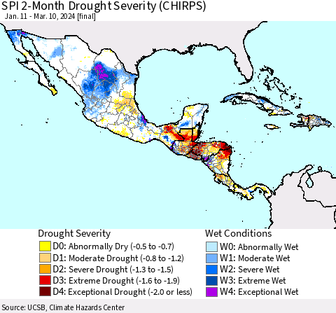 Mexico Central America and the Caribbean SPI 2-Month Drought Severity (CHIRPS) Thematic Map For 1/11/2024 - 3/10/2024