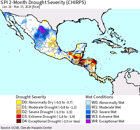 Mexico Central America and the Caribbean SPI 2-Month Drought Severity (CHIRPS) Thematic Map For 1/16/2024 - 3/15/2024