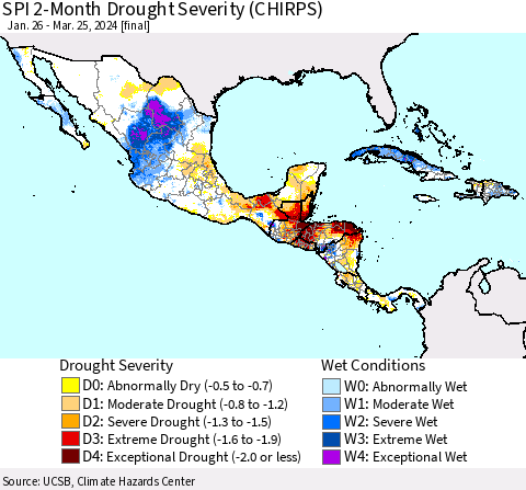 Mexico Central America and the Caribbean SPI 2-Month Drought Severity (CHIRPS) Thematic Map For 1/26/2024 - 3/25/2024