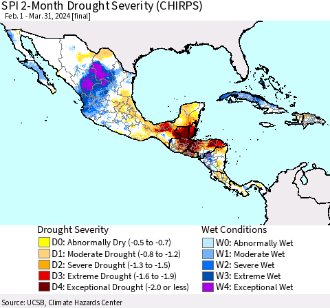 Mexico Central America and the Caribbean SPI 2-Month Drought Severity (CHIRPS) Thematic Map For 2/1/2024 - 3/31/2024
