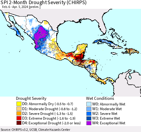 Mexico Central America and the Caribbean SPI 2-Month Drought Severity (CHIRPS) Thematic Map For 2/6/2024 - 4/5/2024