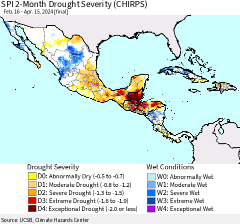 Mexico Central America and the Caribbean SPI 2-Month Drought Severity (CHIRPS) Thematic Map For 2/16/2024 - 4/15/2024