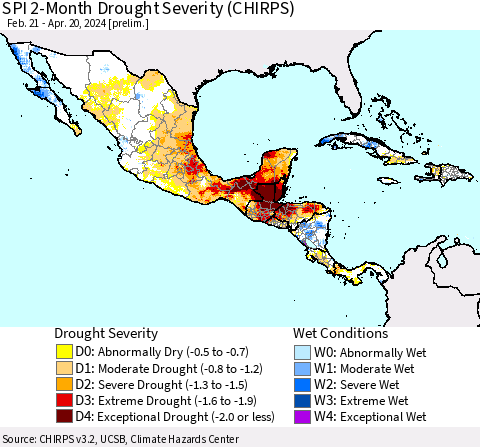 Mexico Central America and the Caribbean SPI 2-Month Drought Severity (CHIRPS) Thematic Map For 2/21/2024 - 4/20/2024