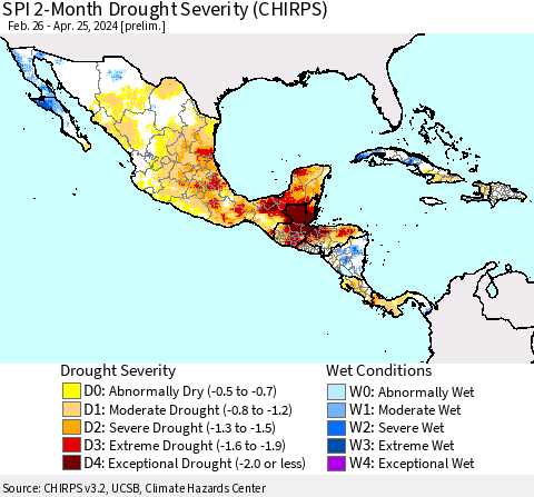 Mexico Central America and the Caribbean SPI 2-Month Drought Severity (CHIRPS) Thematic Map For 2/26/2024 - 4/25/2024