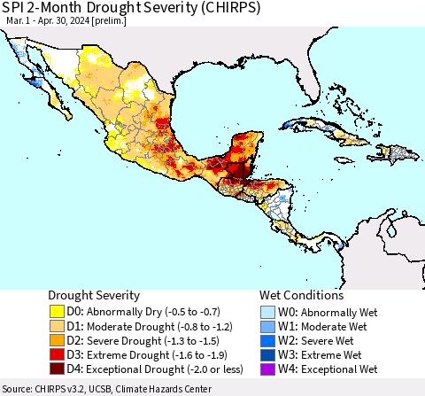 Mexico Central America and the Caribbean SPI 2-Month Drought Severity (CHIRPS) Thematic Map For 3/1/2024 - 4/30/2024