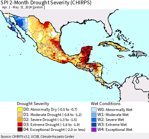 Mexico Central America and the Caribbean SPI 2-Month Drought Severity (CHIRPS) Thematic Map For 4/1/2024 - 5/31/2024