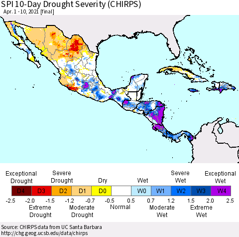 Mexico Central America and the Caribbean SPI 10-Day Drought Severity (CHIRPS) Thematic Map For 4/1/2021 - 4/10/2021