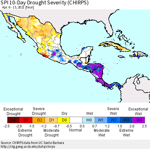 Mexico Central America and the Caribbean SPI 10-Day Drought Severity (CHIRPS) Thematic Map For 4/6/2021 - 4/15/2021