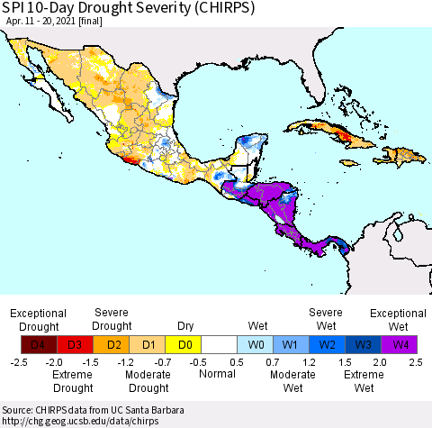 Mexico Central America and the Caribbean SPI 10-Day Drought Severity (CHIRPS) Thematic Map For 4/11/2021 - 4/20/2021