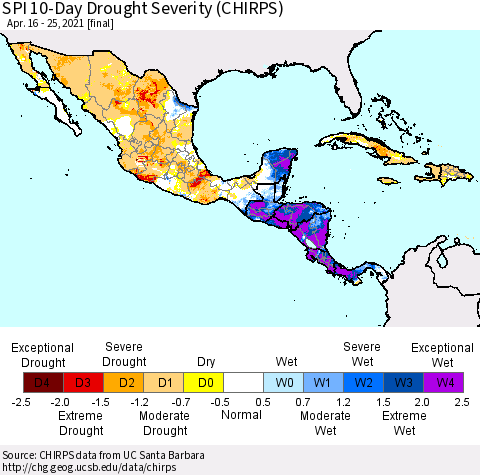 Mexico Central America and the Caribbean SPI 10-Day Drought Severity (CHIRPS) Thematic Map For 4/16/2021 - 4/25/2021