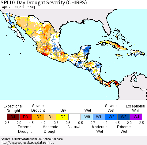 Mexico Central America and the Caribbean SPI 10-Day Drought Severity (CHIRPS) Thematic Map For 4/21/2021 - 4/30/2021
