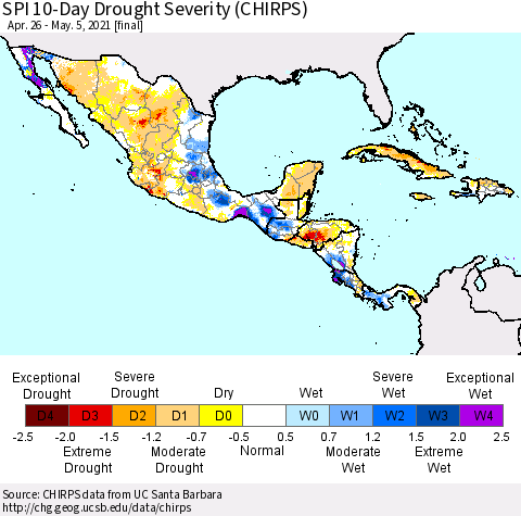 Mexico Central America and the Caribbean SPI 10-Day Drought Severity (CHIRPS) Thematic Map For 4/26/2021 - 5/5/2021