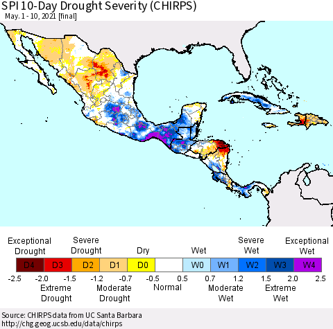 Mexico Central America and the Caribbean SPI 10-Day Drought Severity (CHIRPS) Thematic Map For 5/1/2021 - 5/10/2021