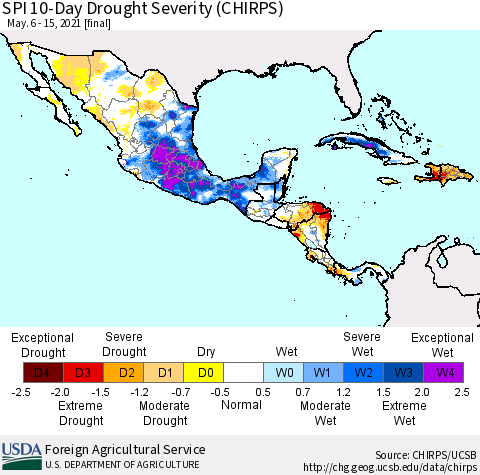 Mexico Central America and the Caribbean SPI 10-Day Drought Severity (CHIRPS) Thematic Map For 5/6/2021 - 5/15/2021