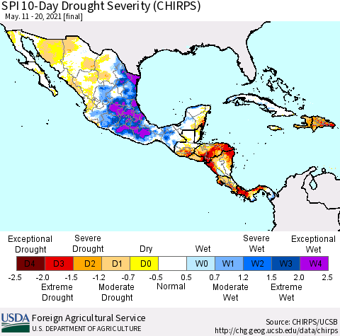 Mexico Central America and the Caribbean SPI 10-Day Drought Severity (CHIRPS) Thematic Map For 5/11/2021 - 5/20/2021