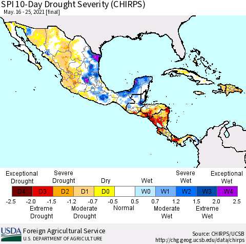 Mexico Central America and the Caribbean SPI 10-Day Drought Severity (CHIRPS) Thematic Map For 5/16/2021 - 5/25/2021