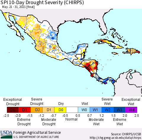 Mexico Central America and the Caribbean SPI 10-Day Drought Severity (CHIRPS) Thematic Map For 5/21/2021 - 5/31/2021
