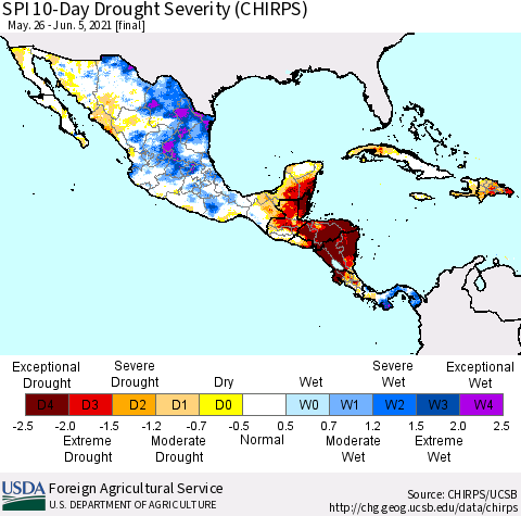 Mexico Central America and the Caribbean SPI 10-Day Drought Severity (CHIRPS) Thematic Map For 5/26/2021 - 6/5/2021