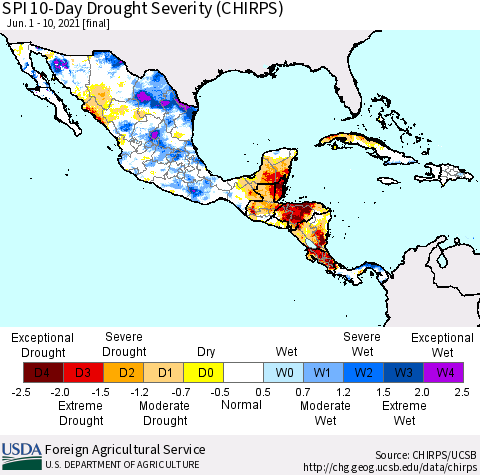 Mexico Central America and the Caribbean SPI 10-Day Drought Severity (CHIRPS) Thematic Map For 6/1/2021 - 6/10/2021