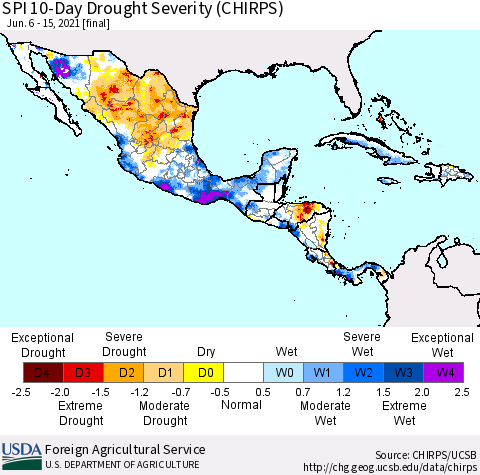 Mexico Central America and the Caribbean SPI 10-Day Drought Severity (CHIRPS) Thematic Map For 6/6/2021 - 6/15/2021