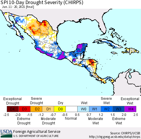 Mexico Central America and the Caribbean SPI 10-Day Drought Severity (CHIRPS) Thematic Map For 6/11/2021 - 6/20/2021