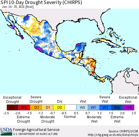 Mexico Central America and the Caribbean SPI 10-Day Drought Severity (CHIRPS) Thematic Map For 6/16/2021 - 6/25/2021