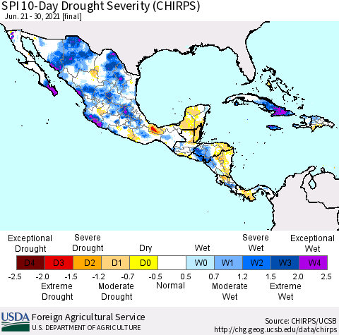 Mexico Central America and the Caribbean SPI 10-Day Drought Severity (CHIRPS) Thematic Map For 6/21/2021 - 6/30/2021
